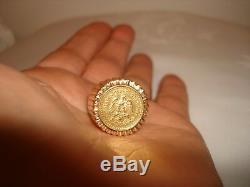 Vintage Unique 1945 Dos Pesos Coin 22K Gold 14K Bezel Signet Pinky Ring Size 7