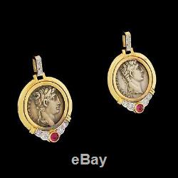 Vtg 14k Gold Diamond Ruby Roman Ancient Coin Drop Dangle Earrings Mayor's /Birks