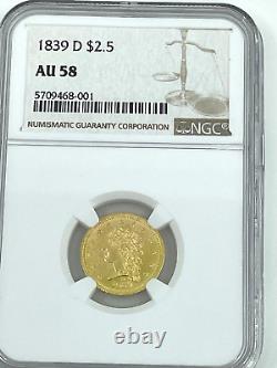 WOW-1839-D Dahlonega Mint $2.5 Gold Coin NGC AU 58 WOW-1839-D Dahlonega Mint $2.5 Gold Coin NGC AU 58